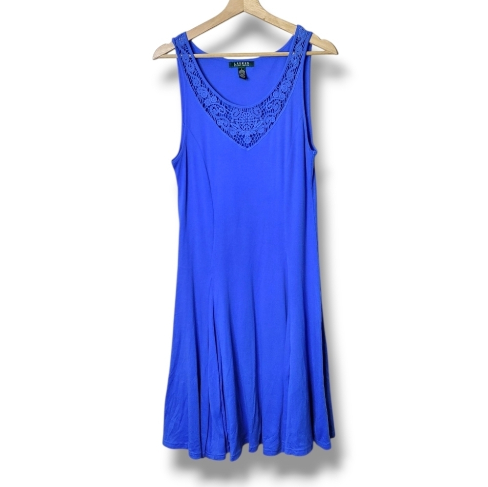 Lauren Ralph Lauren Sleeveless Blue Cotton Dress Crochet Lace